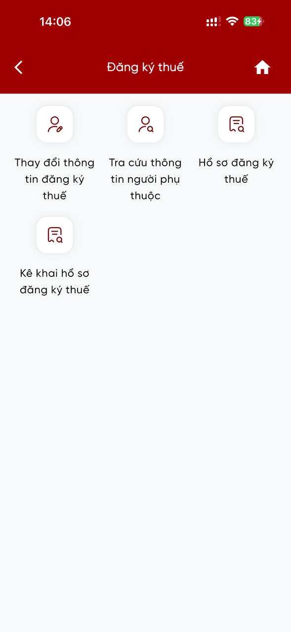 Màn hình Đăng ký thuế trên eTax Mobile với bốn chức năng thay đổi thông tin, tra cứu người phụ thuộc, hồ sơ đăng ký thuế và kê khai hồ sơ