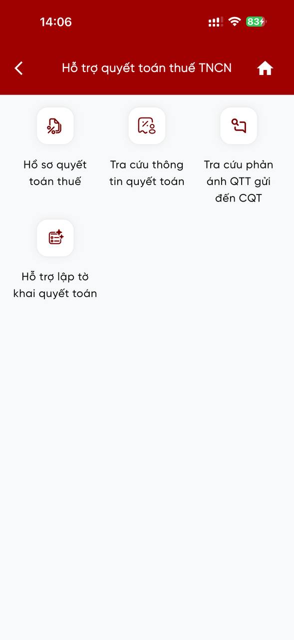 Màn hình Hỗ trợ quyết toán thuế thu nhập cá nhân trên eTax Mobile với bốn chức năng hồ sơ quyết toán, tra cứu thông tin, phản ánh và lập tờ khai