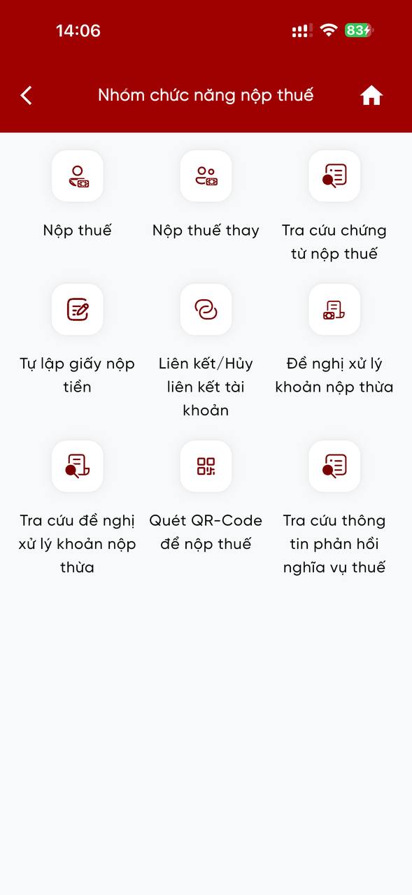 Màn hình nhóm chức năng nộp thuế trên eTax Mobile gồm nộp thuế, nộp thuế thay, tra cứu chứng từ và liên kết tài khoản ngân hàng