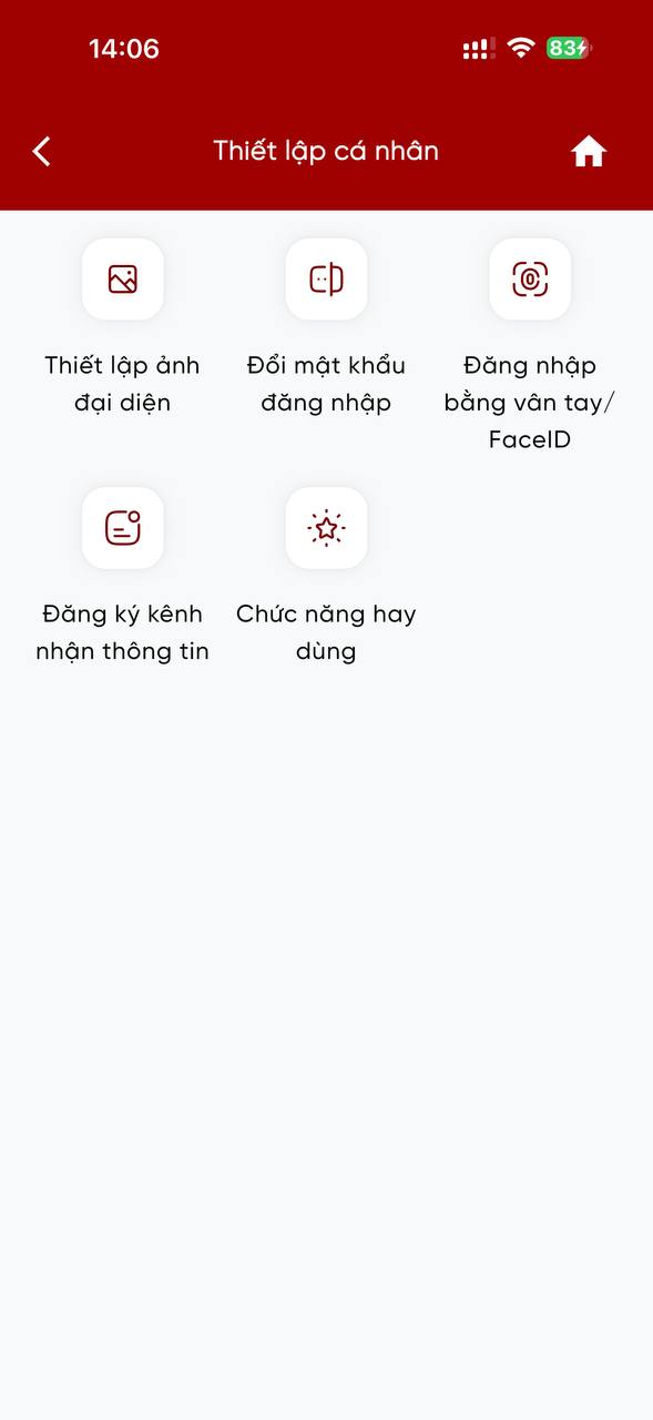Màn hình Thiết lập cá nhân trên eTax Mobile với các mục đổi mật khẩu, đăng nhập bằng vân tay, đăng ký kênh nhận thông tin và chức năng hay dùng