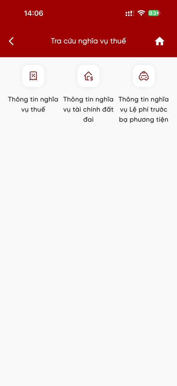 Màn hình Tra cứu nghĩa vụ thuế trên eTax Mobile với ba lựa chọn nghĩa vụ thuế, nghĩa vụ tài chính đất đai và lệ phí trước bạ phương tiện