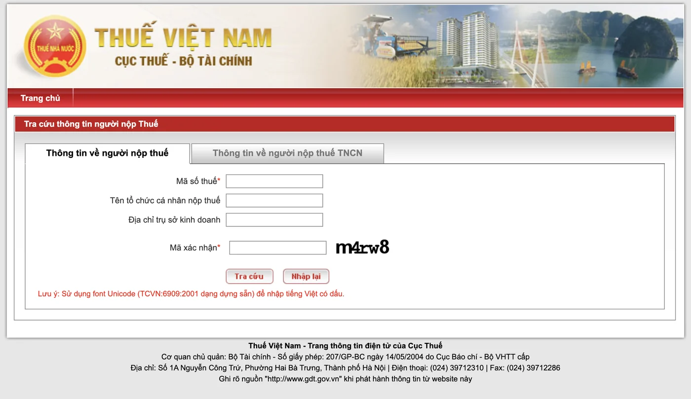 Màn hình cổng tra cứu thông tin người nộp thuế với hai thẻ, thẻ đang mở là Thông tin về người nộp thuế dành cho tổ chức