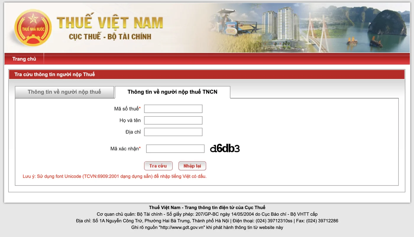 Thẻ Thông tin về người nộp thuế TNCN với các ô Mã số thuế, Họ và tên, Địa chỉ và Mã xác nhận